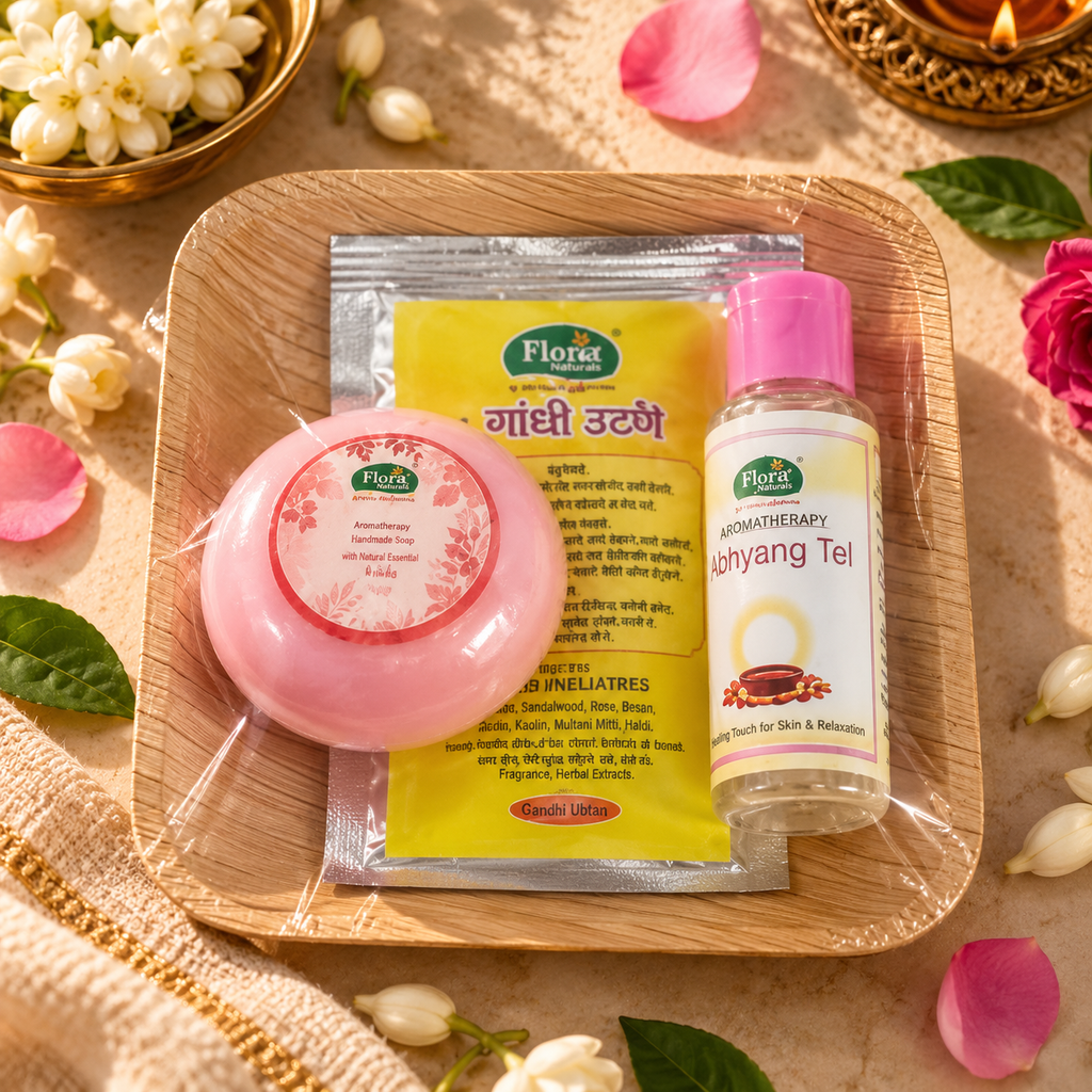 Gulab Snaan Trio Gift Set: Exotic Rose soap, Sugandhi Utane and Abhyanga Oil on an arecanut plate