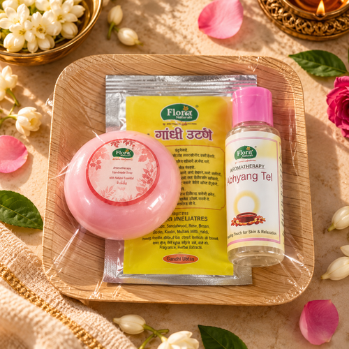 Gulab Snaan Trio Gift Set: Exotic Rose soap, Sugandhi Utane and Abhyanga Oil on an arecanut plate