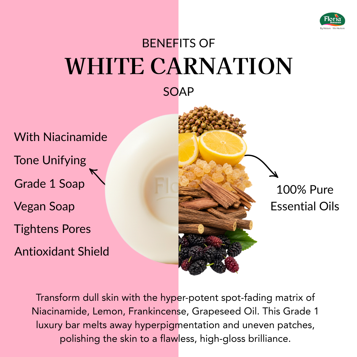 White Carnation Aromatherapy Soap | TFM 82% | Niacinamide, Even Skin Tone, Sulphate Free, 100g