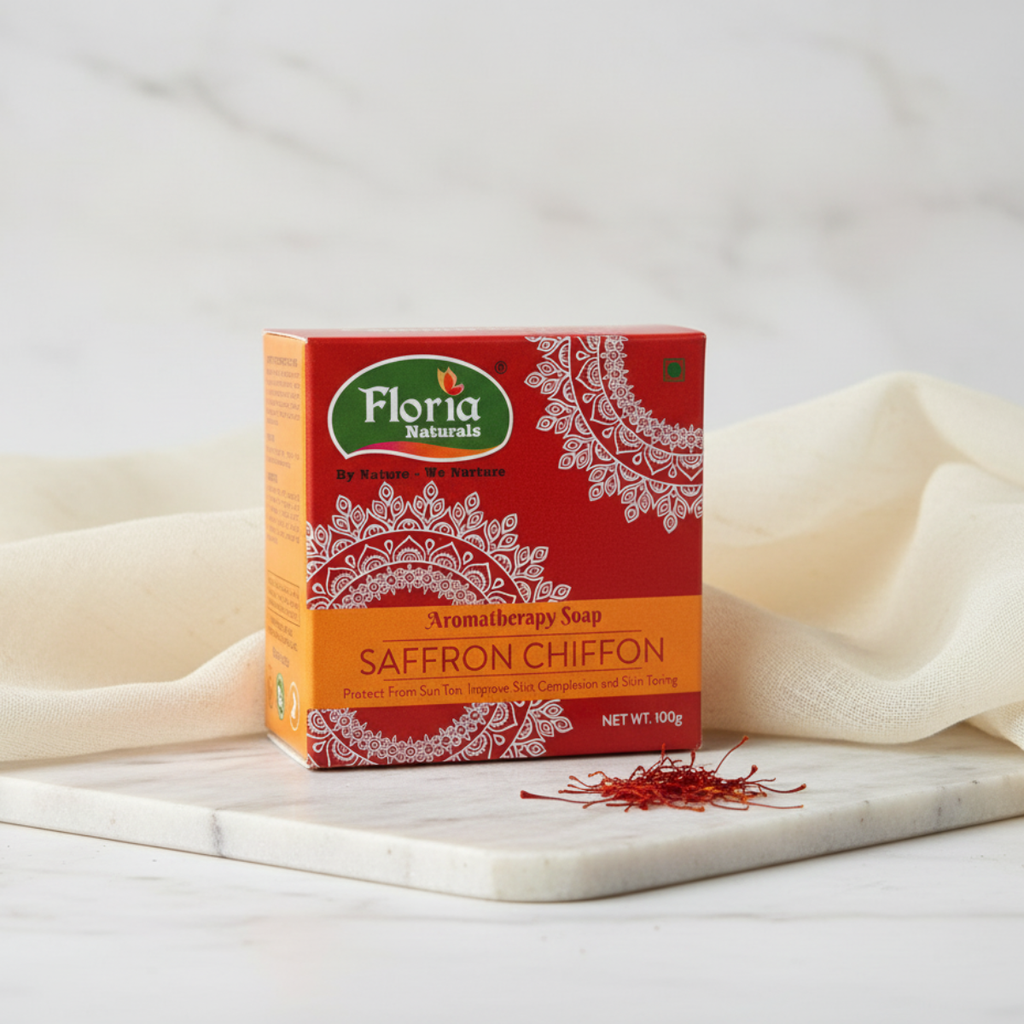 Saffron Chiffon aromatherapy soap bar and packaging by Floria Naturals
