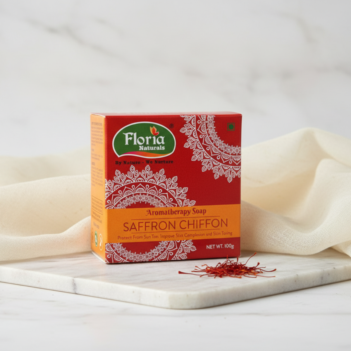 Saffron Chiffon aromatherapy soap bar and packaging by Floria Naturals