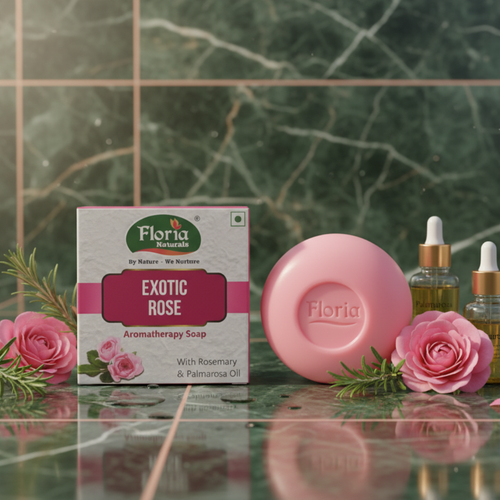 Exotic Rose aromatherapy soap bar and packaging by Floria Naturals