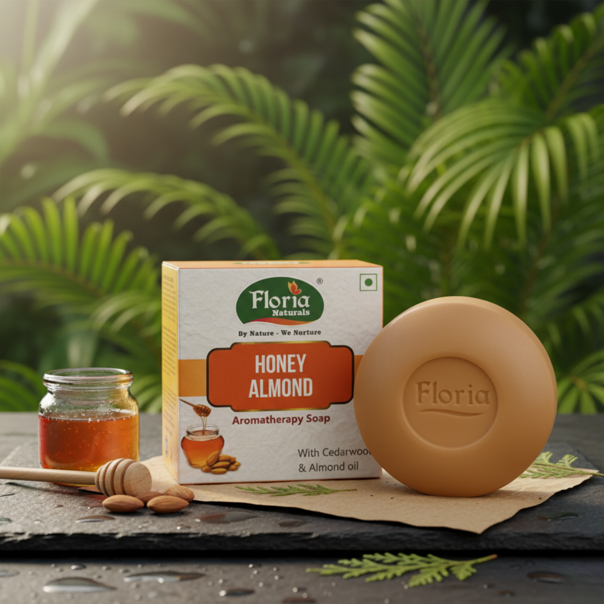 Honey Almond aromatherapy soap bar and packaging by Floria Naturals