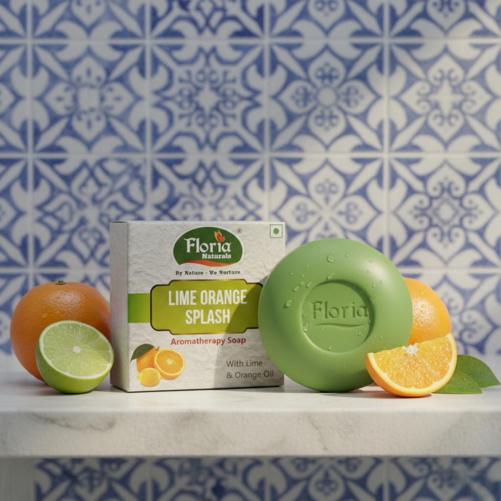 Lime Orange Splash aromatherapy soap bar and packaging by Floria Naturals