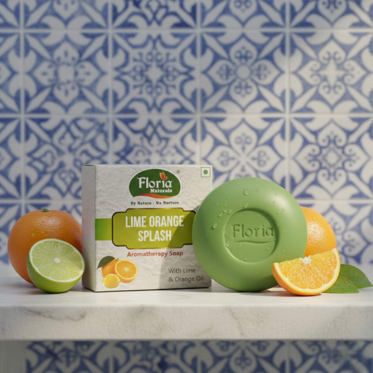 Lime Orange Splash aromatherapy soap bar and packaging by Floria Naturals