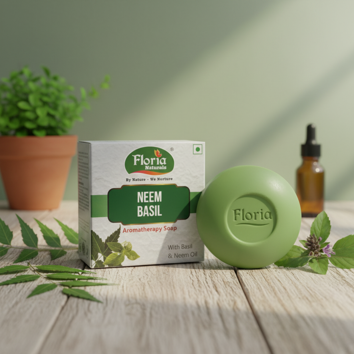 Neem Basil aromatherapy soap bar and packaging by Floria Naturals