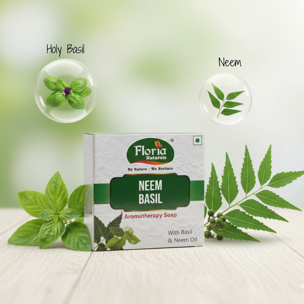 Neem Basil aromatherapy soap bar and packaging by Floria Naturals