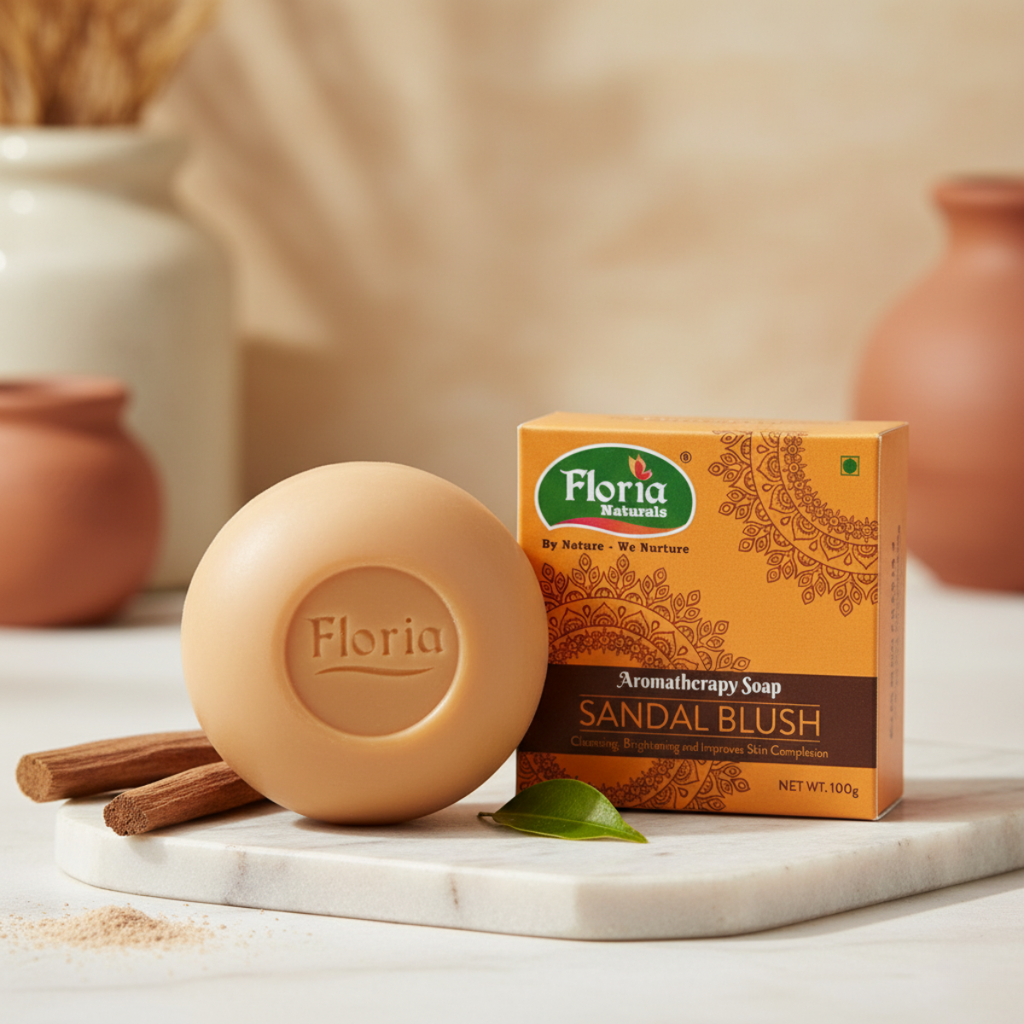Sandal Blush aromatherapy soap bar and packaging by Floria Naturals