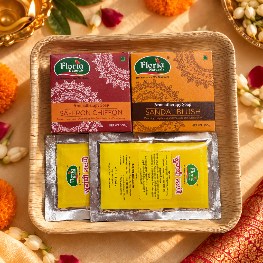 Kesar Chandan Utsav Gift Set: Saffron Chiffon and Sandal Blush soaps with 2 Sugandhi Utane on an arecanut plate