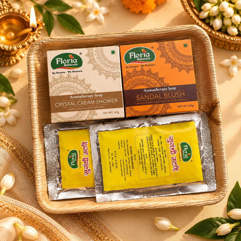 Ubtan & Chandan Utsav Gift Set: Crystal Cream and Sandal Blush soaps with 2 Sugandhi Utane on an arecanut plate