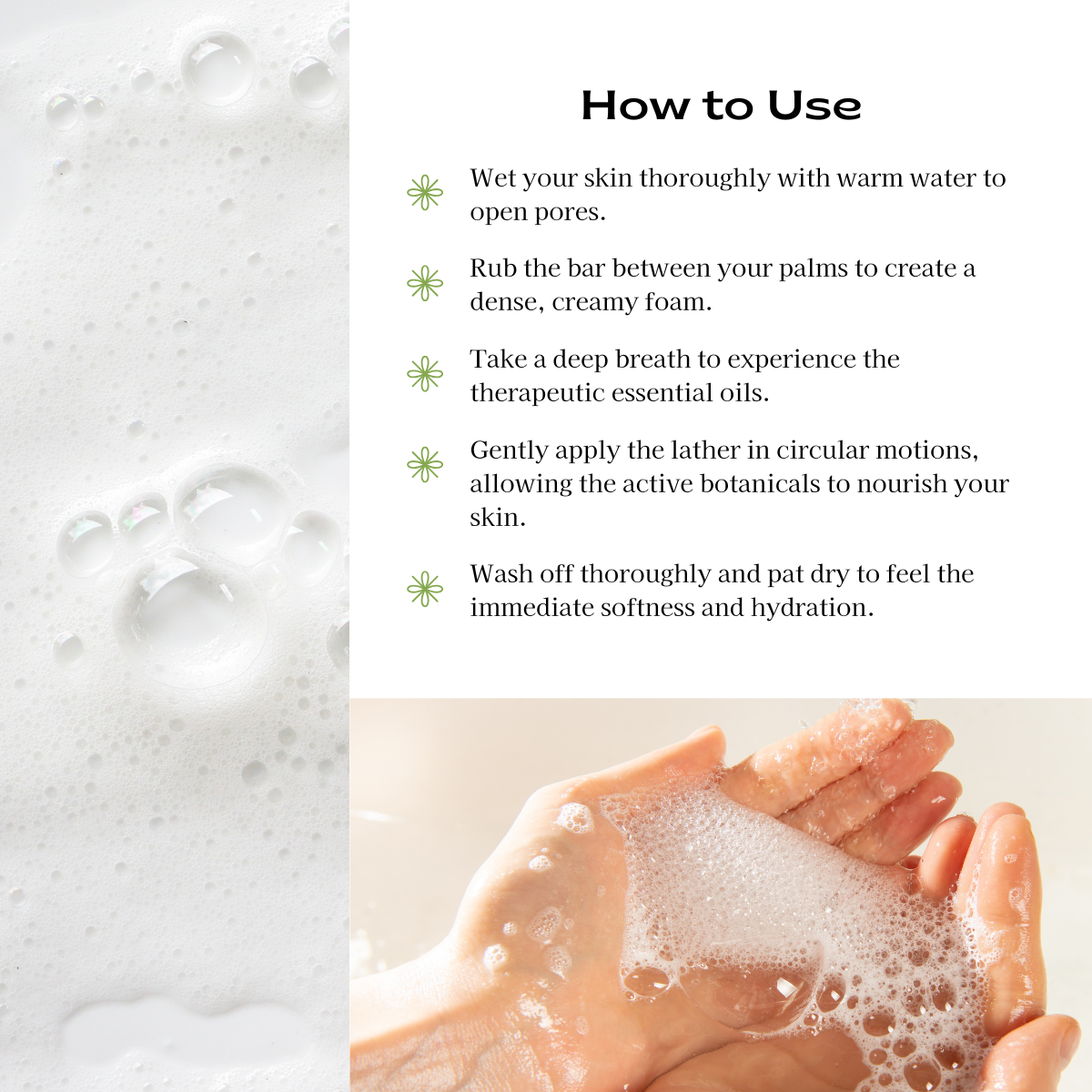 How to use Floria Naturals aromatherapy soap, step-by-step infographic