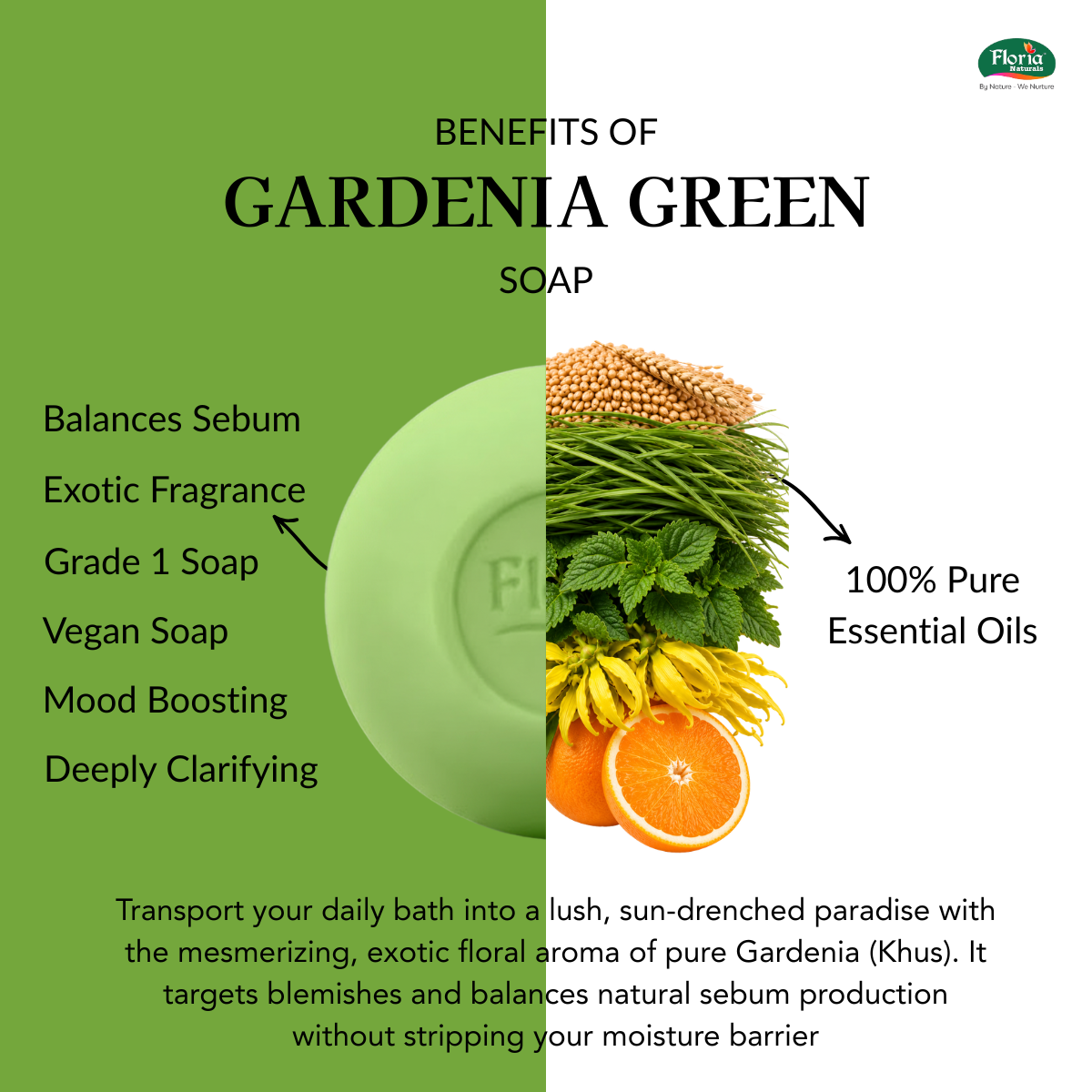 Gardenia Green soap benefits infographic from Floria Naturals
