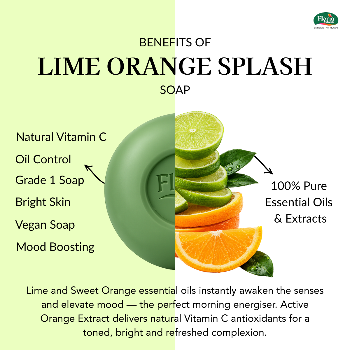 Lime Orange Splash soap benefits infographic from Floria Naturals