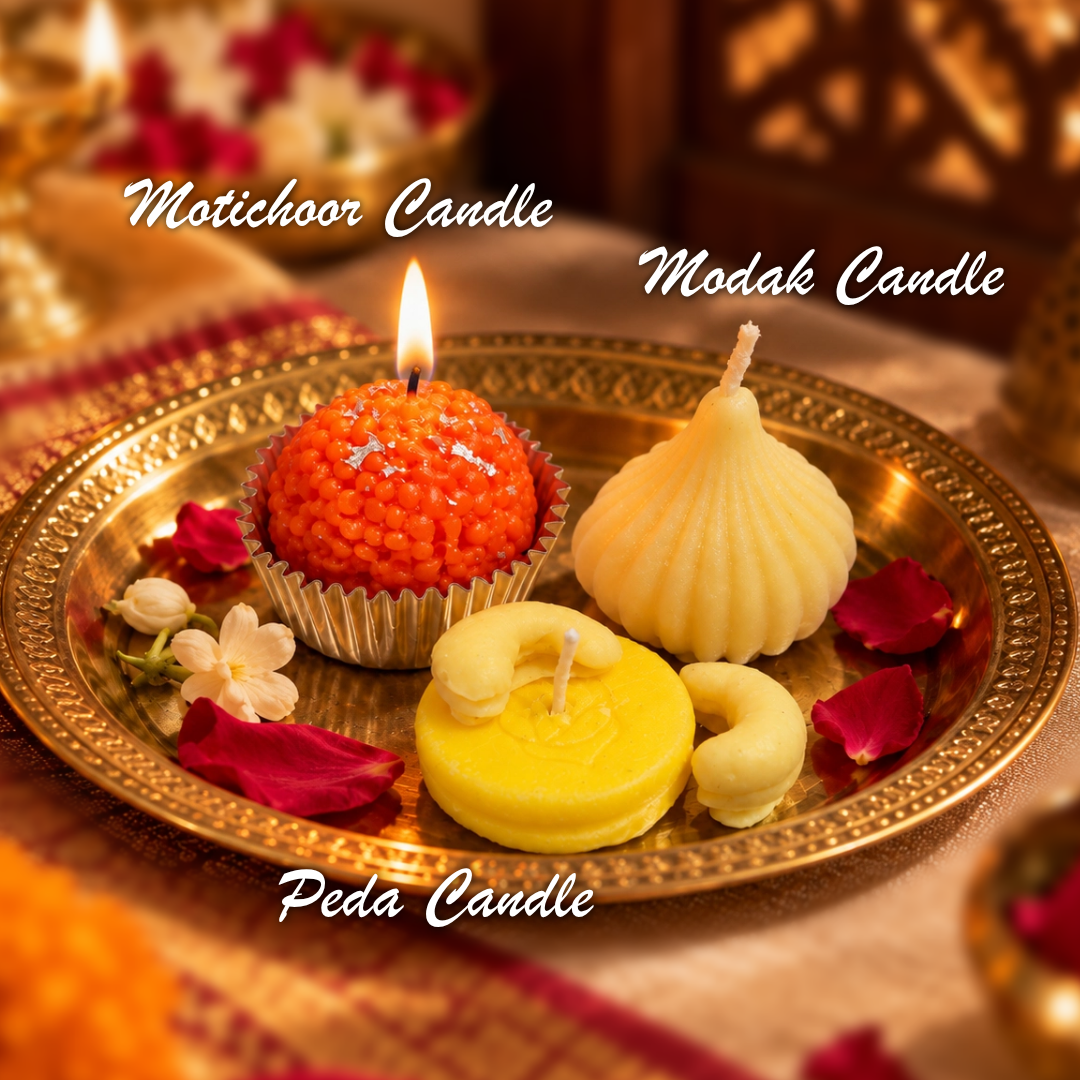 Motichoor, Modak and Peda candles by Floria Naturals, inspired by festive sweets
