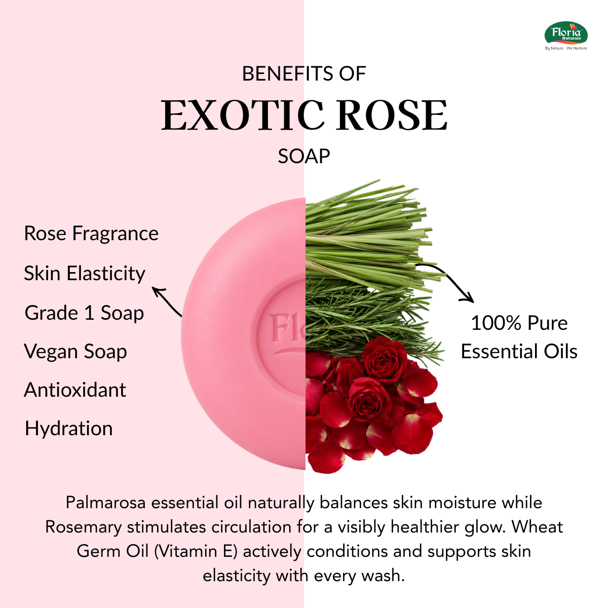 Exotic Rose soap benefits infographic from Floria Naturals