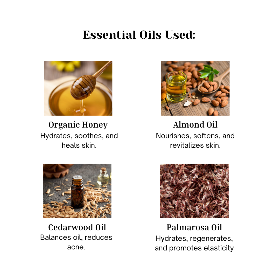 Key oils in Honey Almond soap, infographic from Floria Naturals
