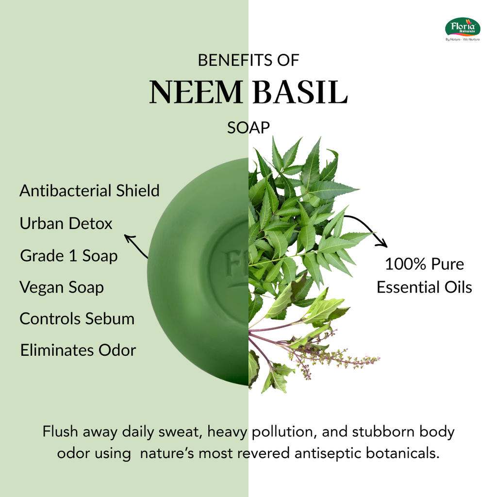 Neem Basil soap benefits infographic from Floria Naturals