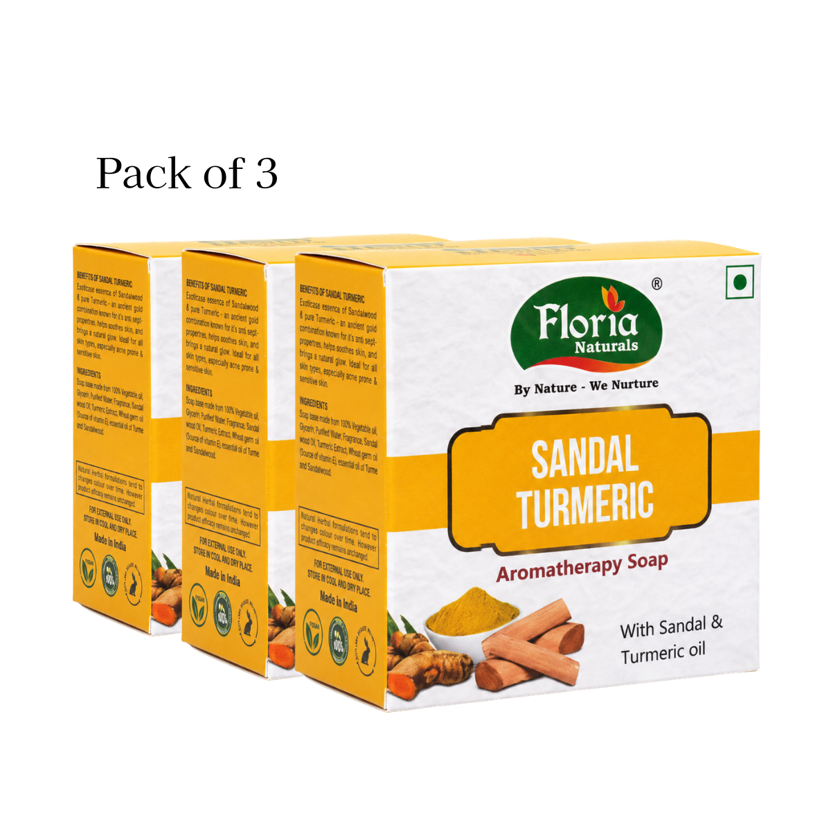 Pack of three Sandal Turmeric aromatherapy soaps by Floria Naturals