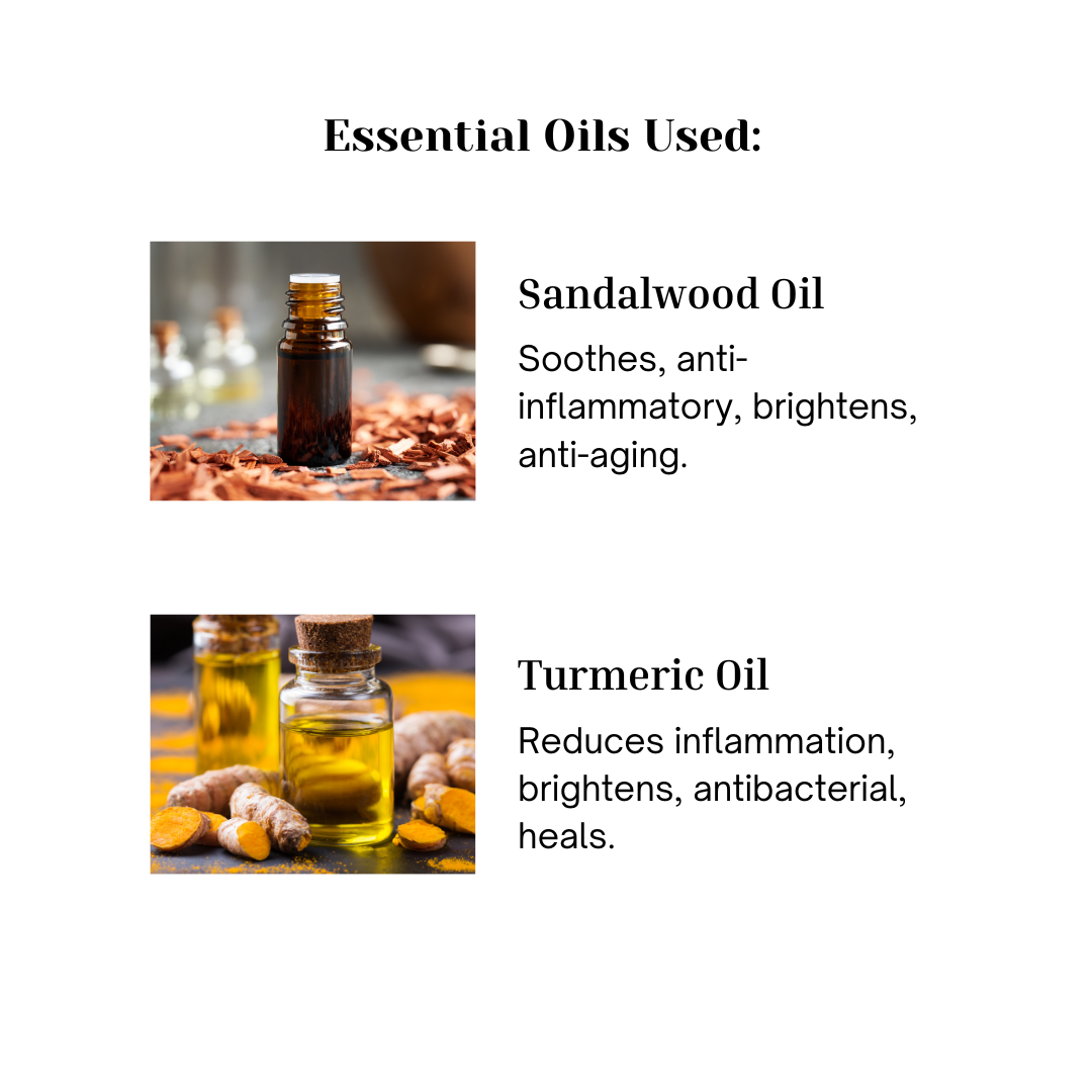 Key oils in Sandal Turmeric soap, infographic from Floria Naturals