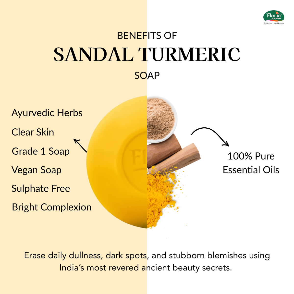 Sandal Turmeric soap benefits infographic from Floria Naturals